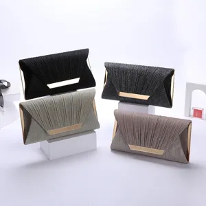 Elegant pleated sequin evening clutch bag, chic metallic frame shoulder party purse.