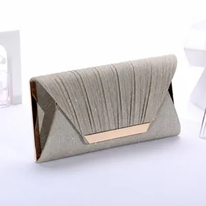 Elegant pleated glitter evening clutch bag with gold tone hardware, compact size 26x14x5cm.