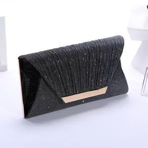 Elegant pleated sequin evening clutch bag with gold tone metal frame for women party dress.