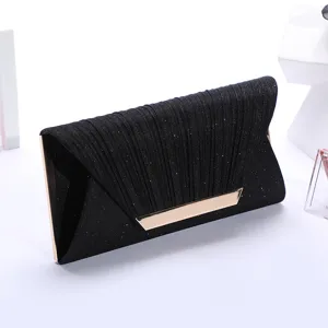 Black glitter evening clutch bag detail, pleated design with metallic clasp closure for women.