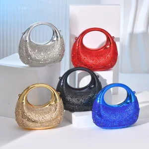 Women Metallic Moon Evening Bag Mini Rhinestone Chain Handbag Elegant Designer Party Clutch Purse For Wedding Banquet