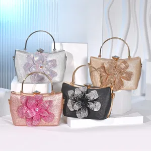 Women's Evening Bag Luxury Rhinestone Rose Handbag Glitter PU Leather Clutch Purse