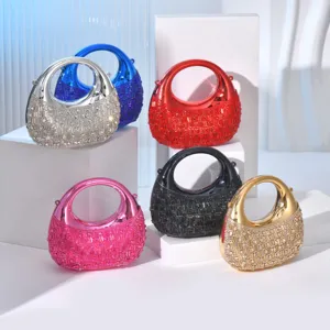 Women Acrylic Crescent Evening Bag Sparkling Rhinestone Mini Handbag Diamond Lattice Party Crossbody Bag