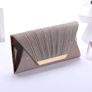 Elegant pleated glitter evening clutch bag for women, stylish metallic accent wedding party purse.