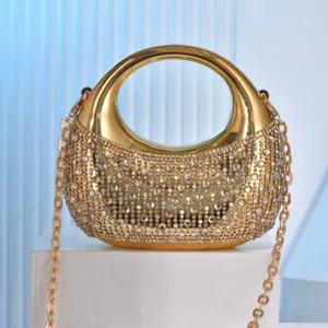 Gold acrylic crescent rhinestone evening bag, luxury bling clutch with chain strap for party.