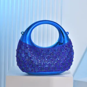 Blue metallic rhinestone moon evening bag sparkly crystal mini handbag for party wedding banquet.