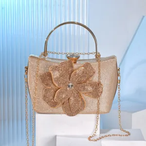 Elegant gold rhinestone evening clutch bag with chain strap and luxury rose flower decor for women