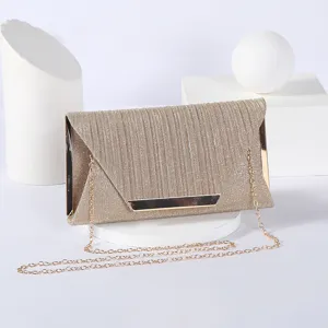 Elegant champagne gold pleated glitter clutch bag with metal chain strap for evening party.
