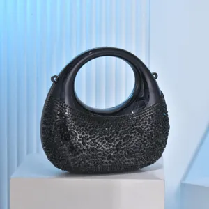 Black Rhinestone Moon Evening Bag Women Metallic Mini Handbag Party Clutch Purse Shiny