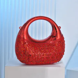 Red crescent acrylic rhinestone evening clutch bag sparkling mini crossbody handbag for women