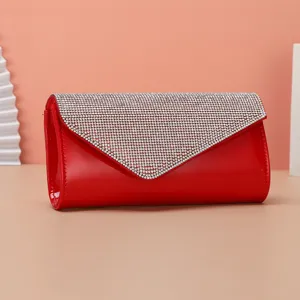 Red rhinestone evening clutch bag, sparkling patent leather party shoulder purse detail