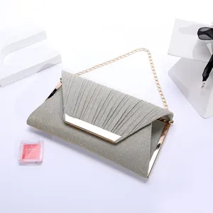 Elegant silver pleated evening clutch bag with gold chain strap for women party prom wedding.