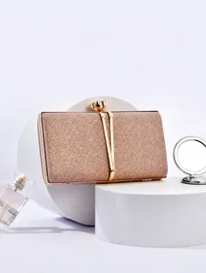 Elegant women's glitter evening clutch bag with metallic trim and compact size for parties.