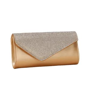 Elegant gold rhinestone evening clutch bag, luxury PU leather envelope shoulder bag for party.