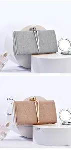 Detailed view of women sequin evening clutch bag showing dimensions 22x13x4.5cm and metallic clasp.