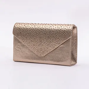 Elegant gold evening clutch bag with sparkling studded flap, perfect for party and wedding events.