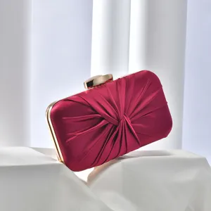 Elegant burgundy pleated satin evening clutch bag with gold hardware for parties and banquets.