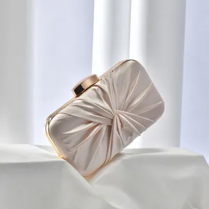 Champagne satin evening clutch bag elegant ruched purse for wedding party prom dress.