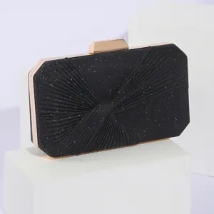 Black glitter pleated evening clutch detail shot, elegant handbag metal frame accessory