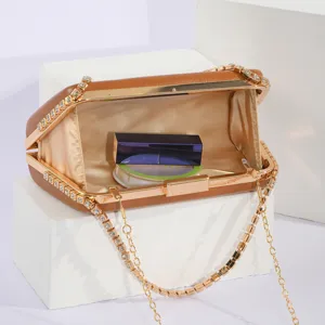 Rhinestone framed evening clutch bag PU leather metal chain shoulder bag for women banquet