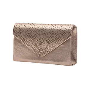 Elegant metallic finish envelope clutch bag with sparkling rhinestone flap for evening events.