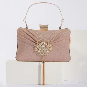 Sac de soirée scintillant pour femmes avec pompon cristal tournesol et poignée métal.
