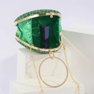 Grüne glitzernde Tropfen-Abendtasche Clutch mit Kreisgriff und Kette für Damen.