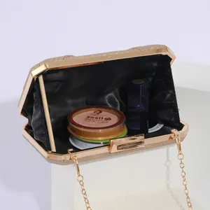 Gold glitter evening clutch bag, stylish shoulder cosmetic chain bag for women.