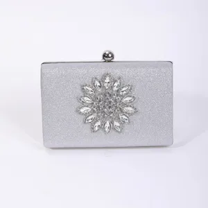 Silver rhinestone evening clutch bag sparkling crystal flower design elegant wedding party purse