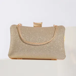 Élégante pochette de soirée à paillettes dorées avec chaîne métallique pour vos événements.
