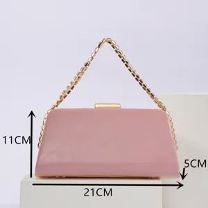 Elegant pink PU leather evening clutch bag with rhinestone chain strap for women party events.