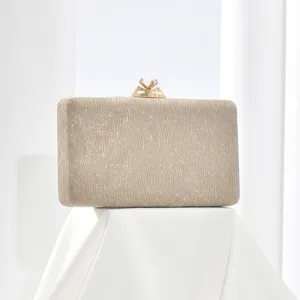 Exquisite champagne glitter evening clutch bag with crystal diamond clasp detail for women party.