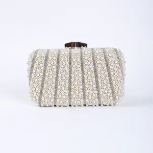 Women's Elegant Evening Bag Artificial Pearl Rhinestone Clutch Purse Wedding Banquet Shoulder Bag Metallic Clasp Handbag
