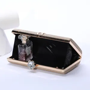 Elegant gold glitter evening clutch bag for women, stylish wedding party box handbag.