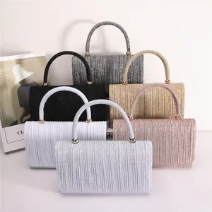 Women Pleated Evening Bag Vintage Solid Color Polyester Handbag Elegant Party Clutch Purse Daily Shoulder Bag