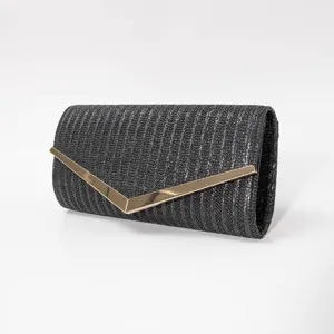 Elegant black woven evening envelope bag with gold V-shaped metal clasp for women fashion.