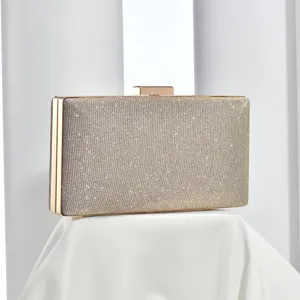Elegant glitter evening clutch bag with gold metallic frame and clasp for party wedding.
