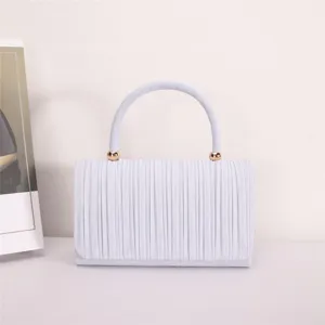 Elegant white pleated handbag with round handle and gold-tone accents for women evening party