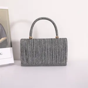 Silver glitter pleated handbag stylish evening clutch shoulder bag for women daily use detail view.