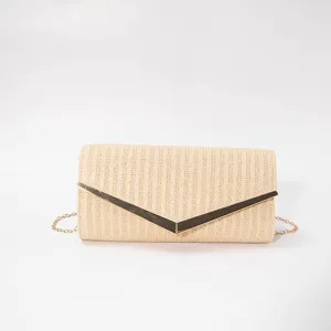 Beige woven envelope clutch bag featuring a sleek gold V-shaped metal clasp and strap.