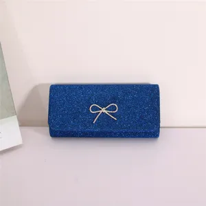 Blue glitter evening clutch bag with sparkling rhinestone bow for women wedding party.
