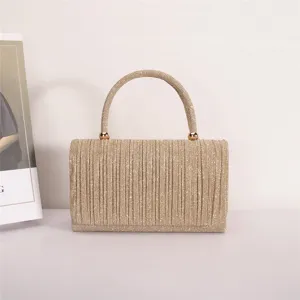 Gold glitter pleated handbag elegant evening clutch purse with round top handle for women