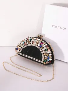 Élégante Pochette De Soirée En Strass En Form D'éventail Avec Chaîne Dorée Pour Femme