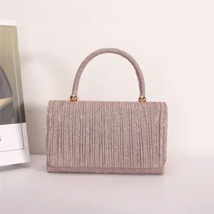 Glitter pleated evening handbag for women, elegant top handle shoulder bag for party and office.
