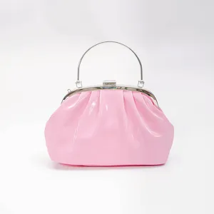 Pink pleated cloud bag detail, cute evening clutch purse with silver metal handle and clasp.