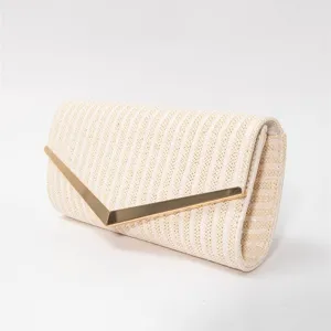Chic straw woven envelope clutch bag with gold V-metal accent, elegant daily shoulder bag.