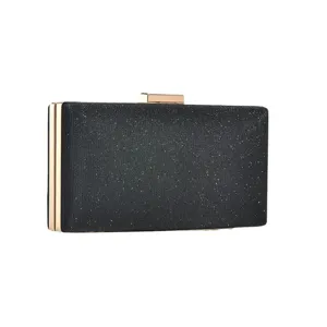 Elegant black glitter evening clutch bag with gold clasp for weddings and parties.
