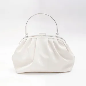 Exquisite white ruched evening clutch bag featuring a sleek silver metal round handle design.