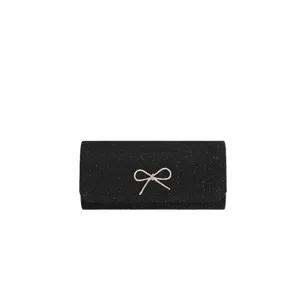 Black glitter evening clutch bag with sparkling rhinestone bow elegant party shoulder bag main
