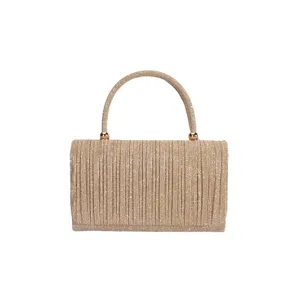 Elegant gold glitter pleated women handbag evening purse top handle shoulder bag stylish.